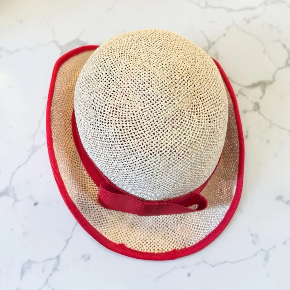 50s Red Ribbon Straw Cloche Hat Cinderella New York Picnic Rockabilly